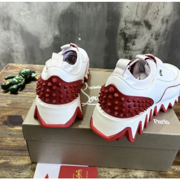 Christian Louboutin White Leather Red‑Trim Spiked Slip‑On Sneakers