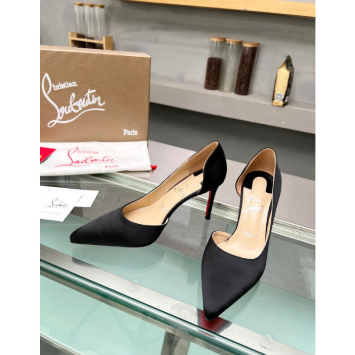 Christian Louboutin Black Satin Half‑d'Orsay Pointed‑Toe 100mm heel Pumps