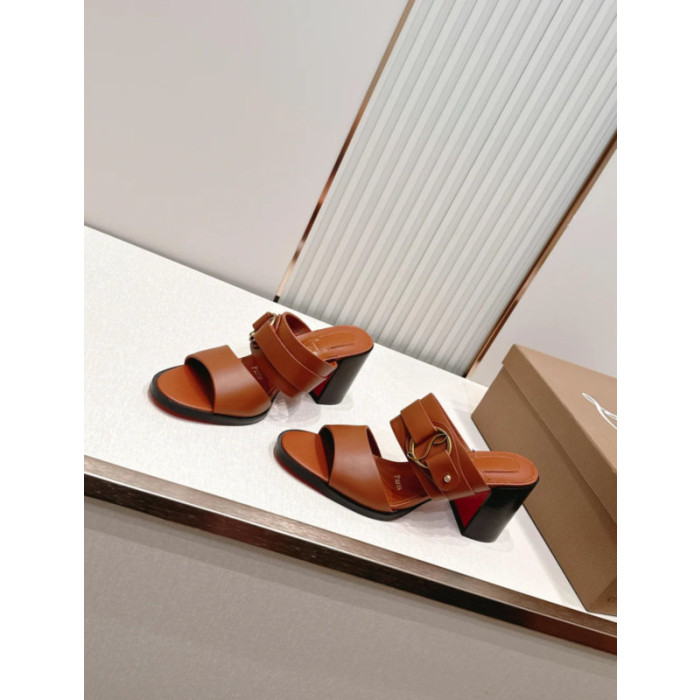Christian Louboutin Brown Leather 85mm Block‑Heel Mule Sandals