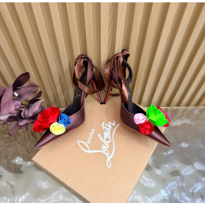 Christian Louboutin Burgundy Satin Multicolor Fabric Flower 100mm Stiletto Heel Slingback Pumps