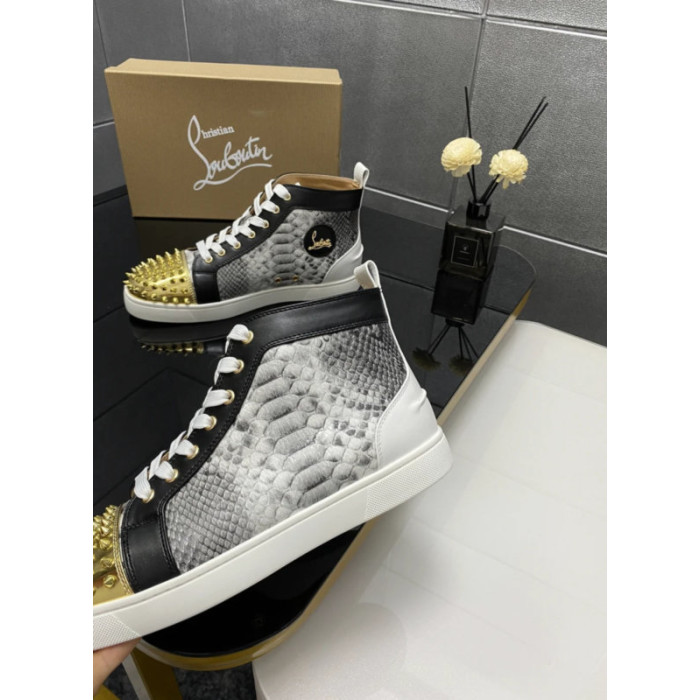 Christian Louboutin Grey Snake‑Print Gold‑Spiked High‑Top Sneakers
