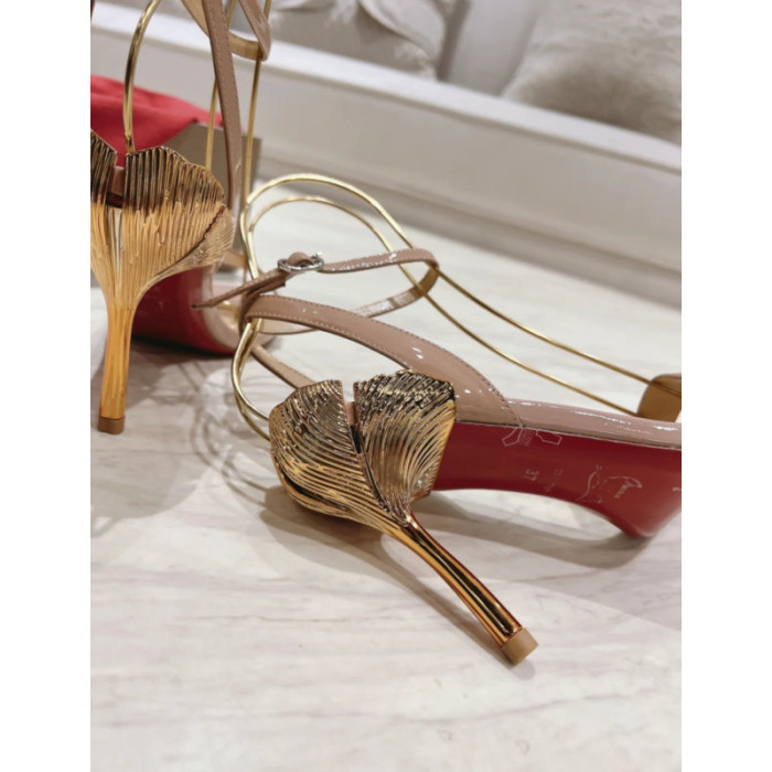 Christian Louboutin Nude Patent 100mm Gold‑Leaf Heel Ankle‑Strap Sandals