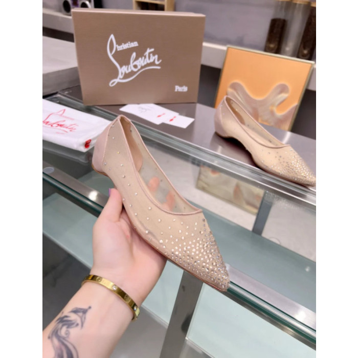 Christian Louboutin Nude Mesh Crystal‑Dot Flat Pointed Pump