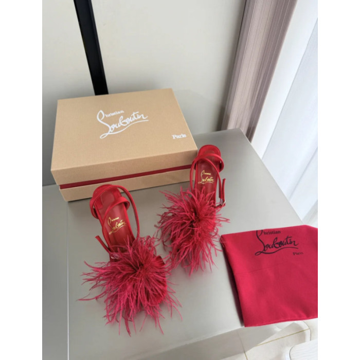 Christian Louboutin Red Satin Feather 100mm Slingback Stiletto Sandals
