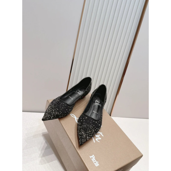Christian Louboutin Black Mesh Rhinestone Pointed‑Toe Flat Shoes