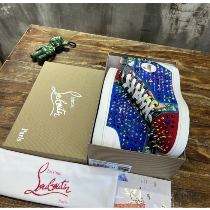 Christian Louboutin Multicolor Spike Jungle‑Print Suede High‑Top Sneakers
