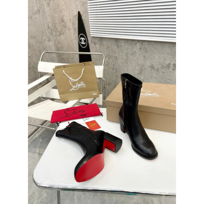 Christian Louboutin Black Stretch‑Leather Side‑Zip Block‑Heel Ankle Boots 85mm heel