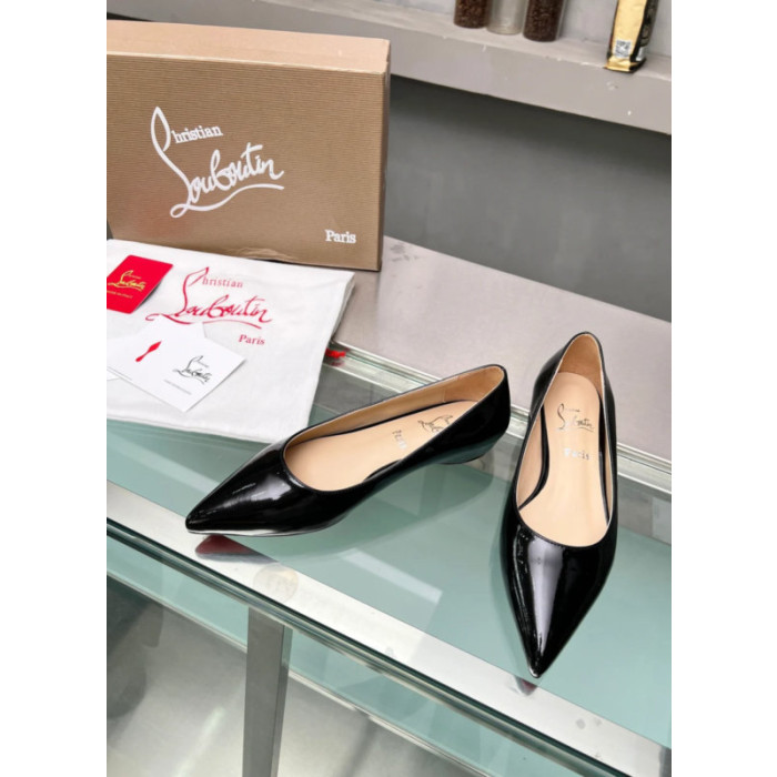 Christian Louboutin Black Patent Leather Pointed‑Toe Low‑Wedge Heel Flats