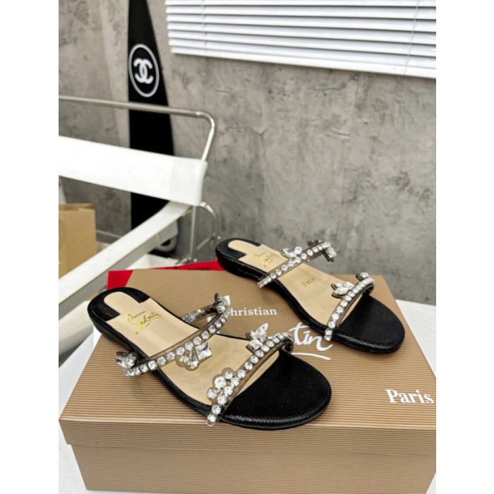 Christian Louboutin Black Crystal Embellished Flat Slide Sandal