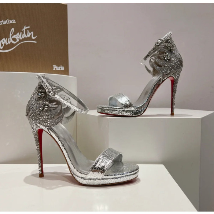 Christian Louboutin Silver Crackled Leather Crystal 120mm Platform Heel Sandals