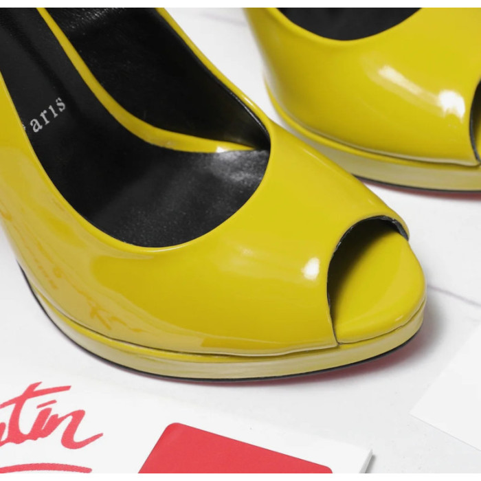 Christian Louboutin Lady Z 120 Yellow Patent Peep‑Toe Platform Stiletto Heel Pumps