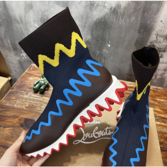 Christian Louboutin Colorful Zig‑Zag Knit Sock Ankle Boots Serrated Sole