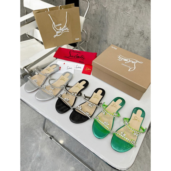 Christian Louboutin Green Metallic Crystal Embellished Flat Slide Sandal