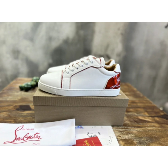Christian Louboutin White Calf Leather Red‑Logo Low‑Top Sneakers