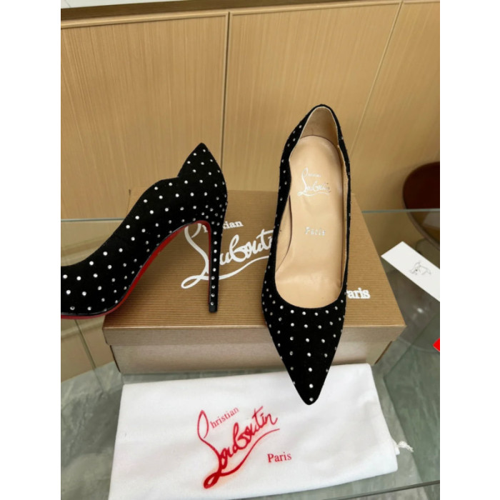 Christian Louboutin Black Suede Scalloped Crystal‑Dot 100mm heel Pump