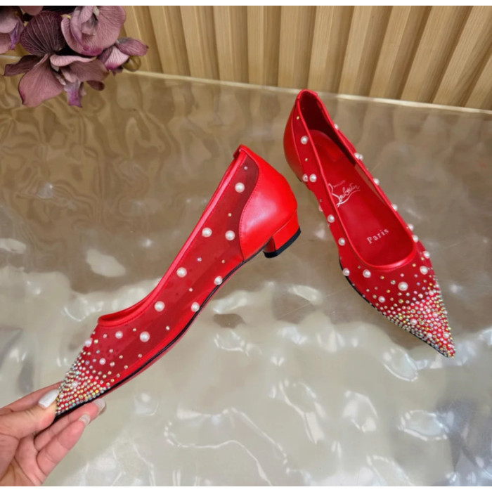Christian Louboutin Red Mesh Pearl Crystal‑Embellished Pointed‑Toe Flat Pumps