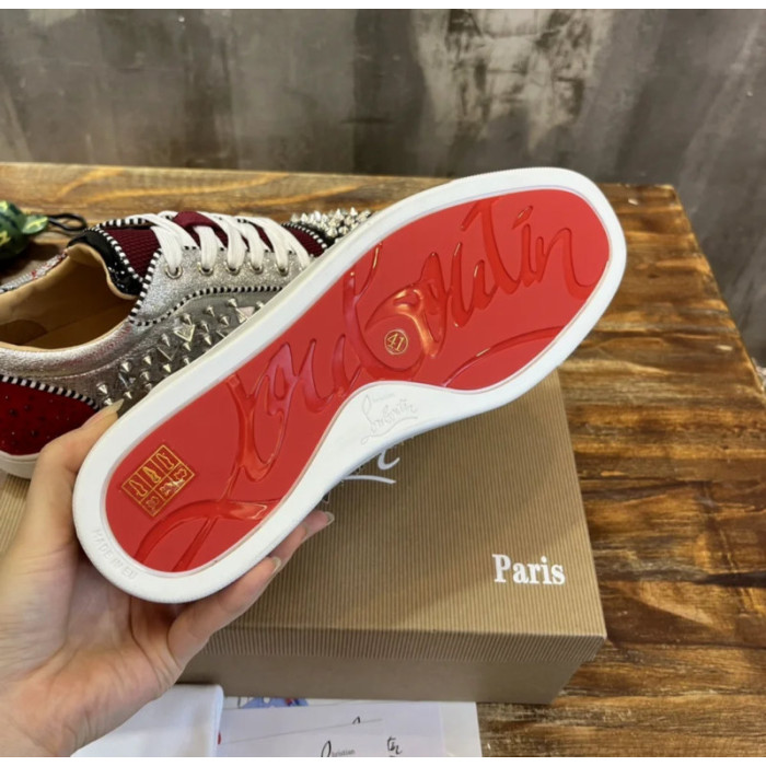 Christian Louboutin Graffiti Print Mixed‑Media Spike Low‑Top Sneakers