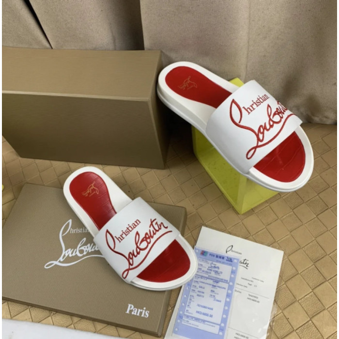 Christian Louboutin White Rubber Slide Sandals Red Signature Script Logo