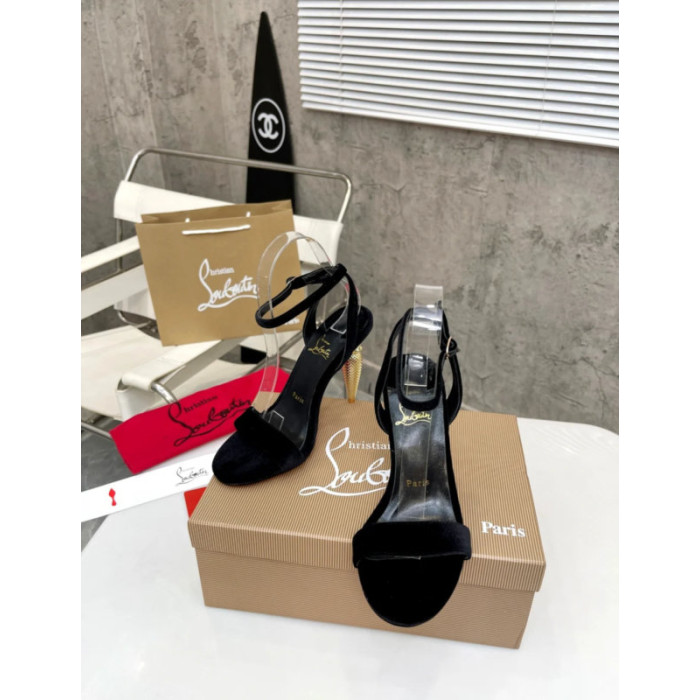Christian Louboutin Black Velvet 100mm heel Ankle Strap Sandals