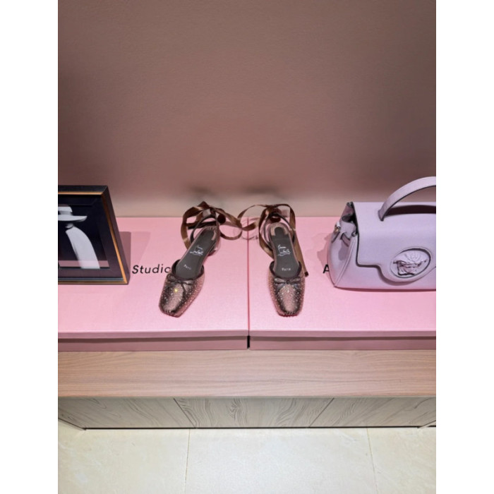 Christian Louboutin Bronze Satin Crystal Tie‑Ankle Ballet Flats