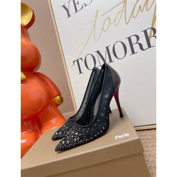 Christian Louboutin Black Mesh 100mm Mixed‑Crystal‑Embellished Pointed Toe Stiletto Heel Pumps