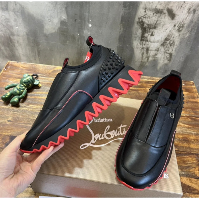 Christian Louboutin Black Leather Red‑Trim Spiked Slip‑On Sneakers