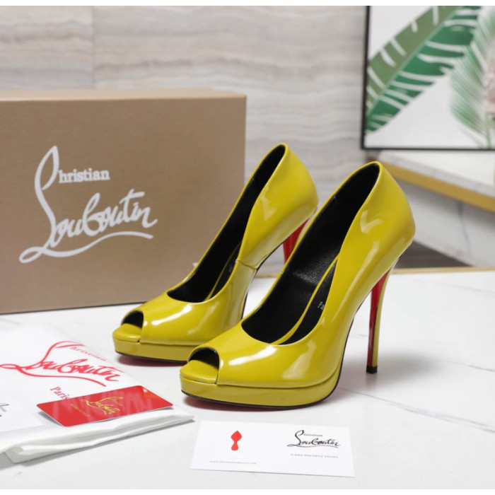 Christian Louboutin Lady Z 120 Yellow Patent Peep‑Toe Platform Stiletto Heel Pumps