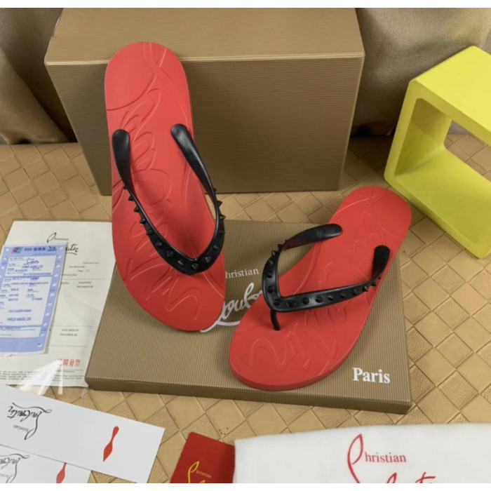 Christian Louboutin Red Embossed‑Logo Studded Flip‑Flop Sandals