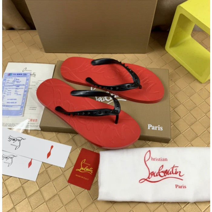 Christian Louboutin Red Embossed‑Logo Studded Flip‑Flop Sandals