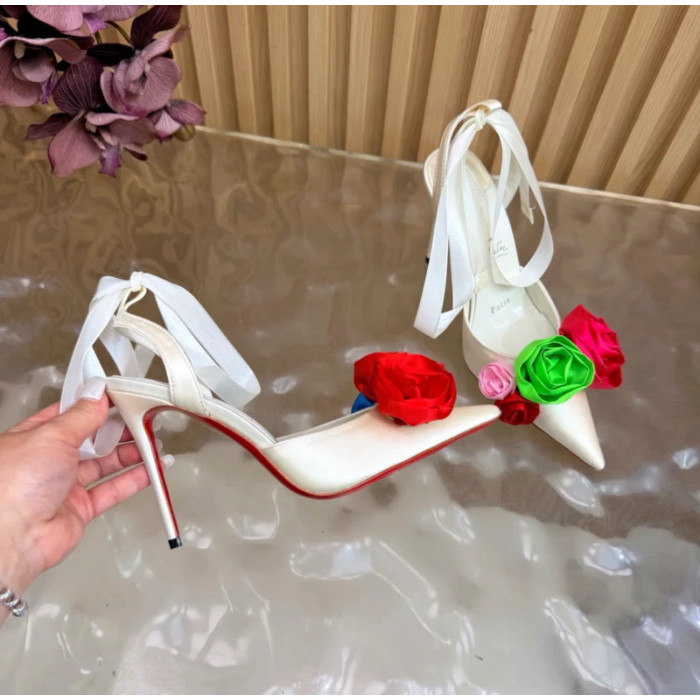Christian Louboutin Ivory Satin Multicolor Rose Flower 100mm Stiletto Heel Slingback Pumps