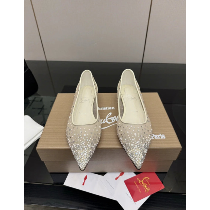 Christian Louboutin Beige Mesh Crystal Pearl Pointed‑Toe Flat Pumps