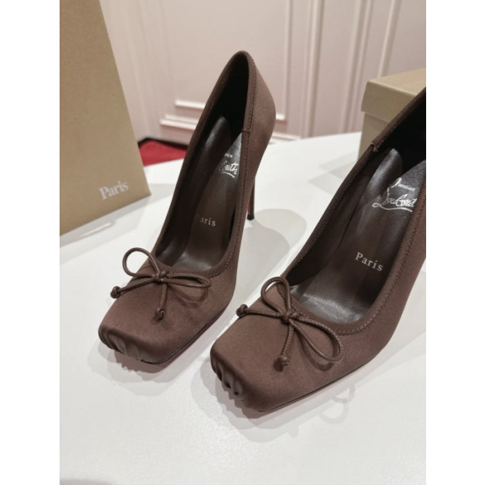 Christian Louboutin Brown Satin Bow 100mm Square Toe Stiletto Pumps