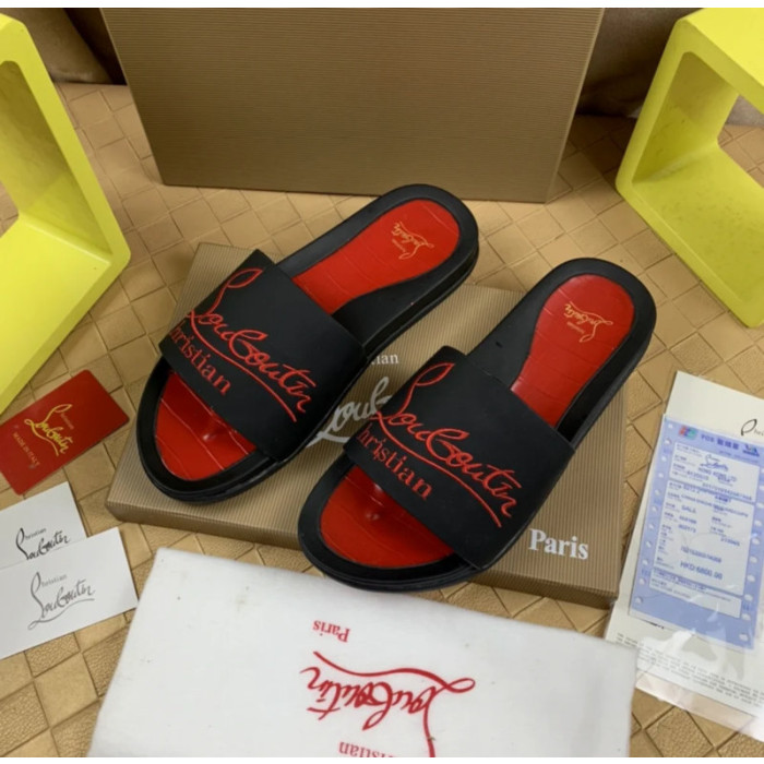Christian Louboutin Black Slide Sandals With Red Embossed Signature Logo