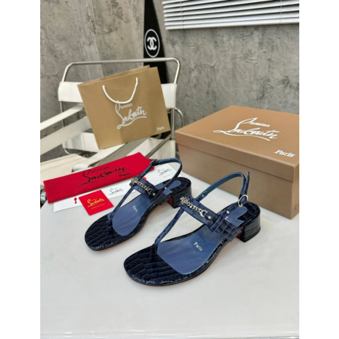 Christian Louboutin Navy Croc‑embossed Leather Block Heel Thong Sandal