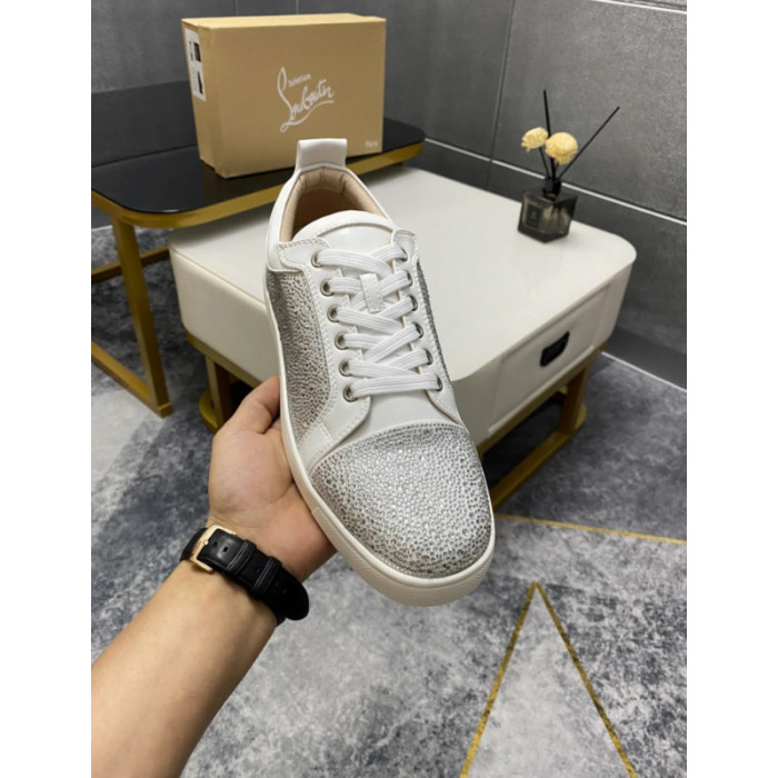 Christian Louboutin White Leather Silver Crystal‑Encrusted Low‑Top Sneakers