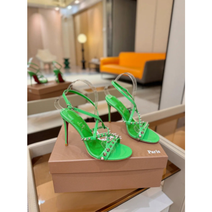 Christian Louboutin Green Patent Studded Ankle‑Strap Stiletto Heel Sandals 120mm heel