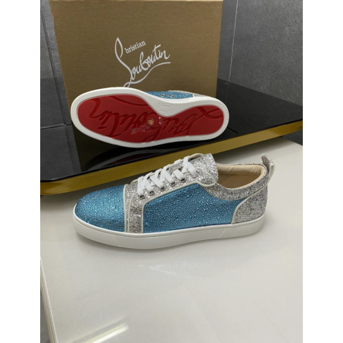 Christian Louboutin Blue‑Silver Crystal Patchwork Lace‑Up Casual Sneakers
