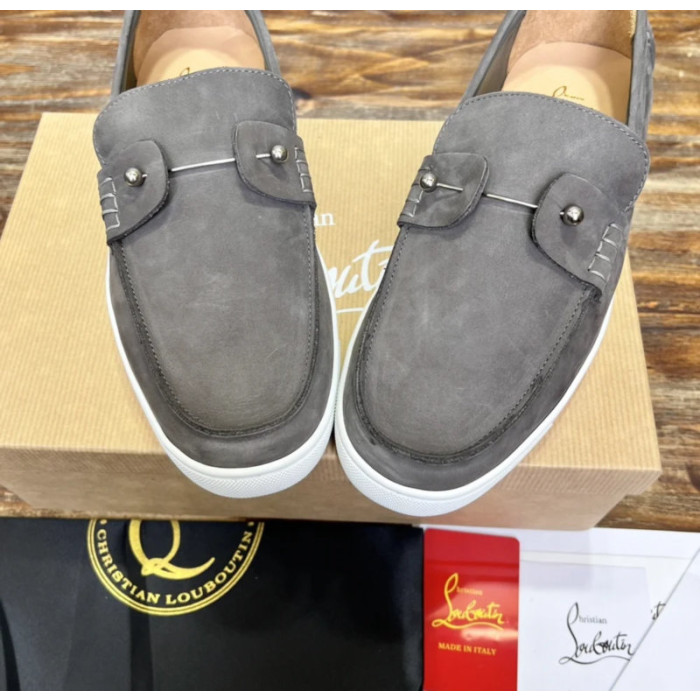 Christian Louboutin Dark Grey Nubuck Slip‑On Loafers