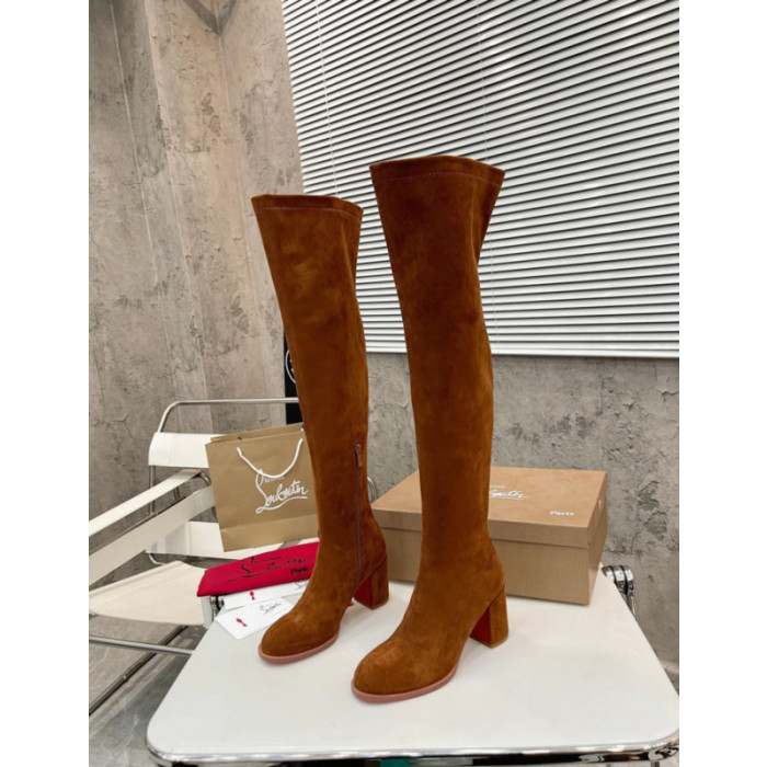 Christian Louboutin Cognac Suede 85mm heel Block‑Heel Over‑The‑Knee Boots