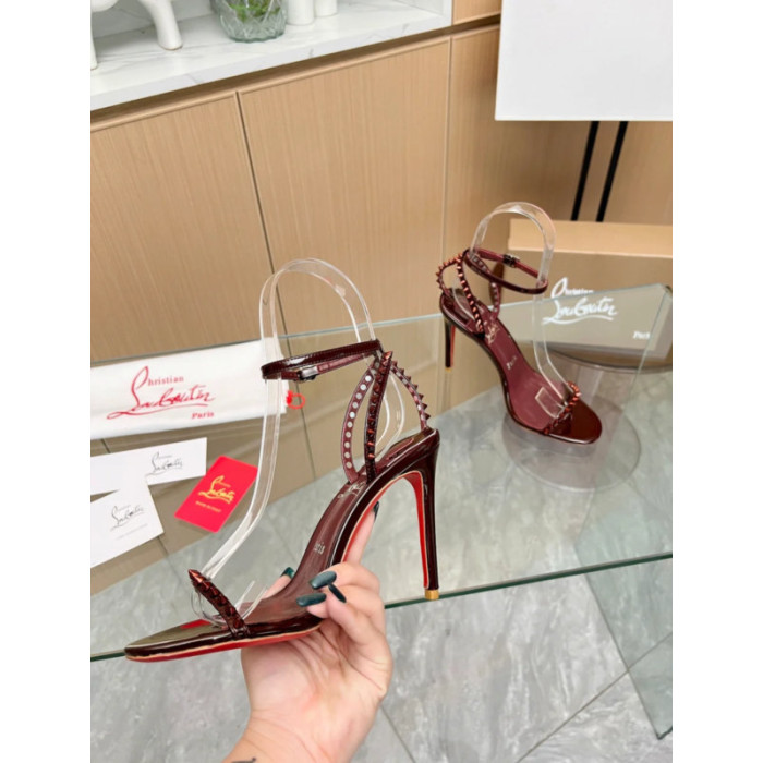 Christian Louboutin Burgundy Patent Spiked Ankle‑Strap 100mm heel Sandal