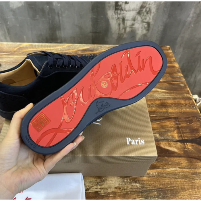 Christian Louboutin Navy Suede Black‑Spiked Low‑Top Sneakers