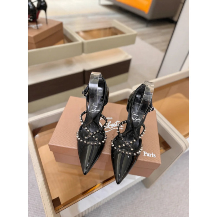 Christian Louboutin Black Patent Studded Crisscross Ankle‑Strap Pointed‑Toe Pumps High Heel