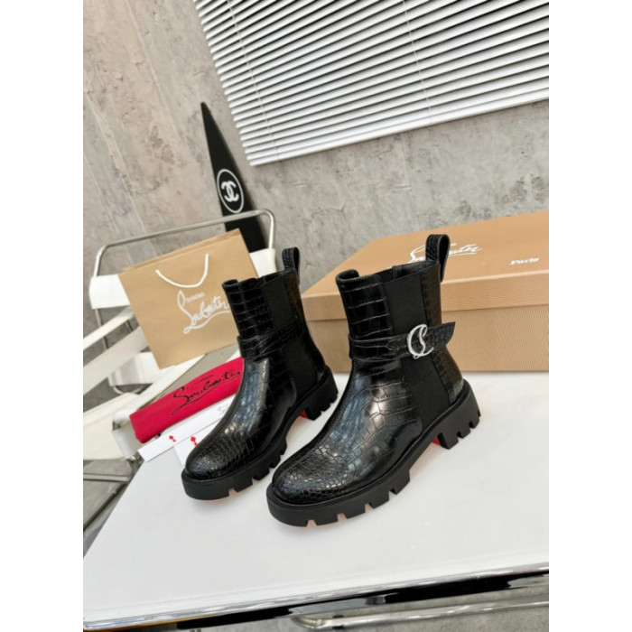 Christian Louboutin Black Croc‑Embossed CL‑Buckle Chelsea Lug‑Sole Ankle Boots