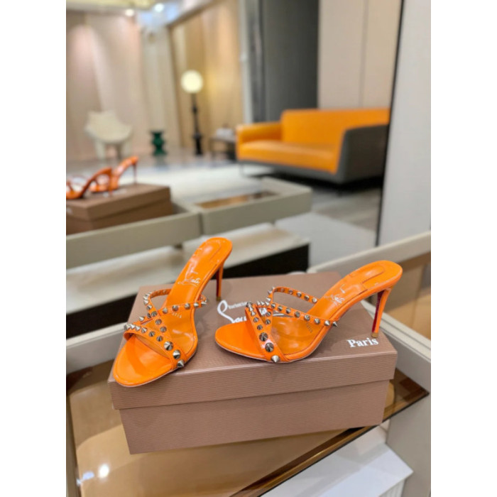 Christian Louboutin Orange Patent Leather 100mm heel Silver‑Spiked Mule High‑Heel Sandals