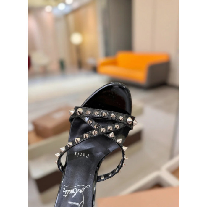 Christian Louboutin Black Patent Studded Crisscross Mule High Heel Sandals 100mm heel