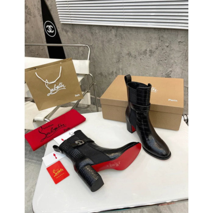 Christian Louboutin Black Croc‑Effect Leather 85mm Block‑Heel Chelsea Ankle Boots with CL Buckle