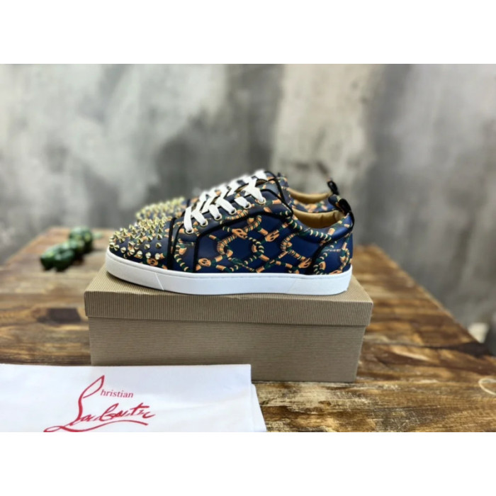 Christian Louboutin Navy Rope‑Print Gold‑Spiked Low‑Top Sneakers