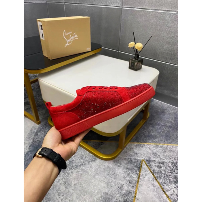 Christian Louboutin Red Suede Red Crystal‑Encrusted Low‑Top Sneakers