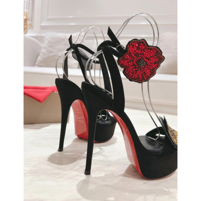 Christian Louboutin Black Satin Crystal Flower 150mm Platform Stiletto Heel Sandals