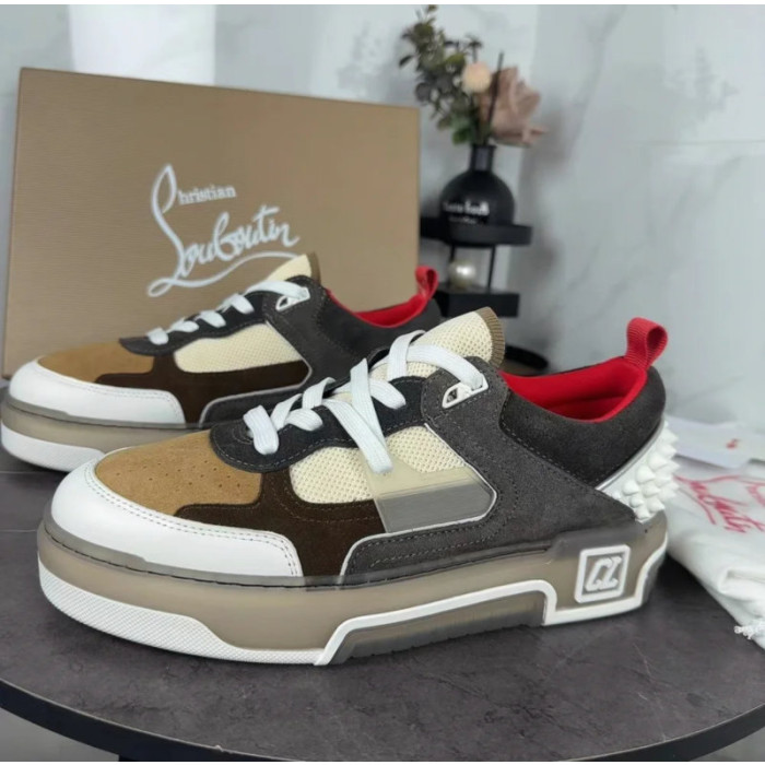 Christian Louboutin Brown‑White Suede‑Mesh Spiked Platform Lace‑Up Sneakers